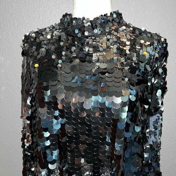 H & M Black & Silver Giant Sequin Long Sleeve High Neck Swing Dress EUC Small - Picture 2 of 16